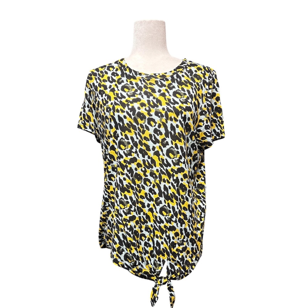 Tribal Womens Yellow Leopard Print Linen Blend Front Tie Knit Top Medium NWT